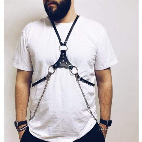 Fetish Mens Leather Breastplate Accessories Punk Orgy Gay Costume Body Bondage Cage Male Tunic Exotic Top
