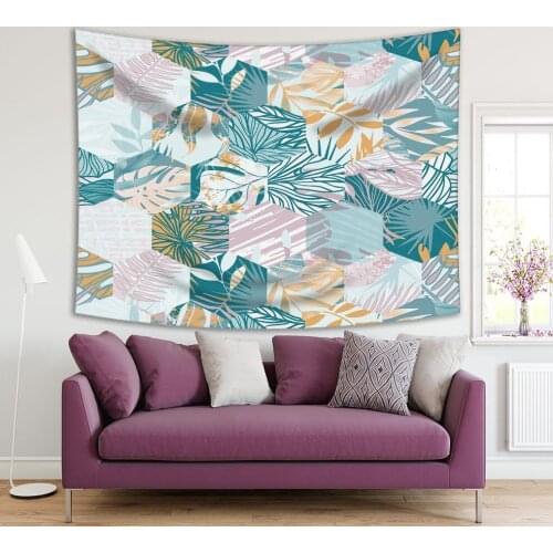 Tapestry Exotic Plants Palm Tree Leaves Branches Tropic Nature in Blue Mustard and Lilac Colors Art Printed