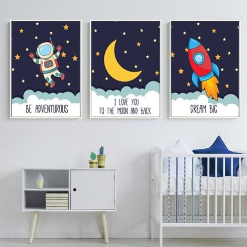 Cartoon Astronaut Rocket Canvas Painting Baby Room Decor Poster Space Wall Art Print Child Baby Room Nursery Wall Decor Picture