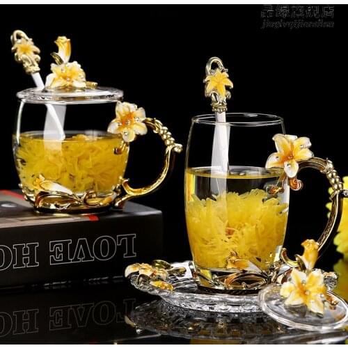 Red yellow lily Enamel Crystal Cup Flower Tea Glass High-grade Glass Cup Flower Mug with Handgrip Perfect Gift For Lover Wedding