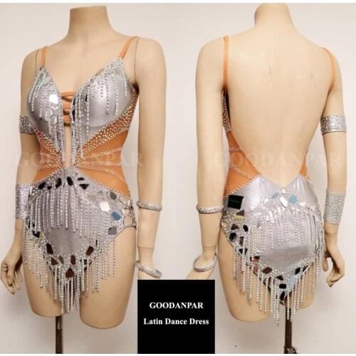 Latin Dance Dress Fringes Lycra Dance Wear Salsa Samba Rumba Costume With Bodysuit buit in Bra Sexy dance costume