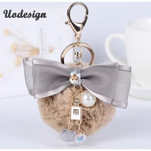 Fur Pompom Car Keychain Fur Ball with Pearl Bowknot Ball Key Chain Cool Gifts Key Women