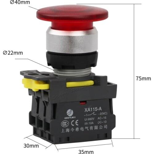 Momentary illuminated push button switch mushroom head 1NO1NC self reset return switch XA115-A2-11MD red green LED lamp 12v 24v