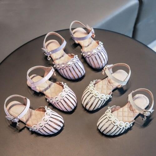 Sweet Girls Princess Shoes Sandals 2021 Summer Kids Children Fashion Hollow Out Baby Pearl Beaded Shoes Zapatos S12107