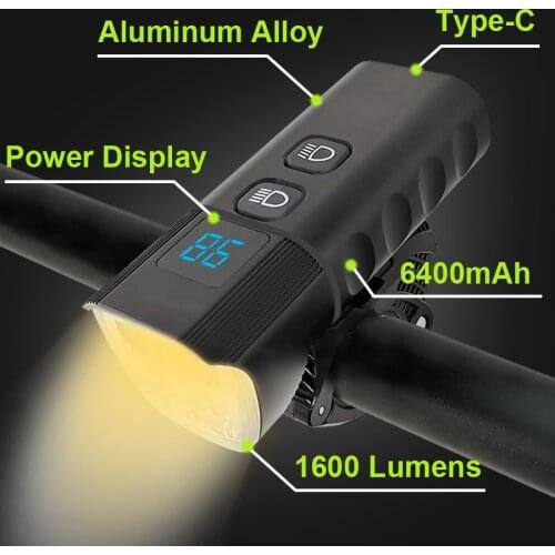 Powerful LED Bicycle Headlight 6400mAh Bike Light USB Type-C Fast Charge 1600 Lumen MTB Front Lamp Aluminum Flashlight For Bike