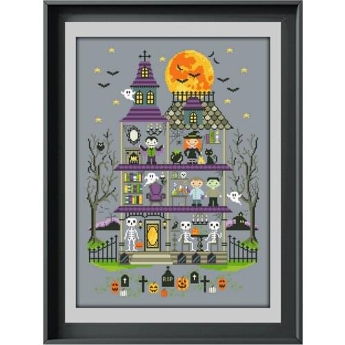 Haunted mansion cross stitch kits Halloween aida fabric 18ct 14ct deep gray canvas cotton thread embroidery kits DIY craft set