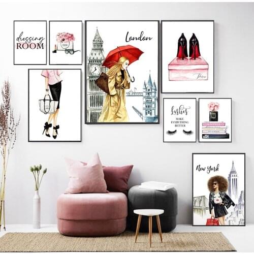 High Heels Perfume Bag Lipstick Book City Wall Art Canvas Painting Nordic Posters And Print Wall Pictures For Living Room Decor
