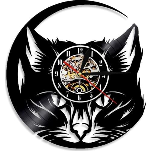 Black Cat Vinyl Record LP Wall Art Cat Shop Decor Vintage Wall Clock Cat Head Animals Luminous Wall Clock Modern Design Gift