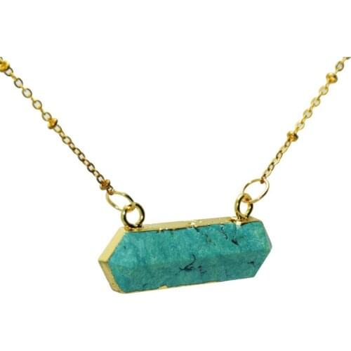 1pc Marble Green howlite pendant necklace natural jewelry raw druzy stone hexagonal connector women necklace with gold bezel