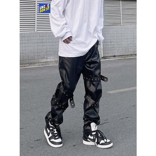 UNCLEDONJM pu leather pants hip hop motorcycle punk pants vintage leather pants baggy pants street wear cargo pants ED984