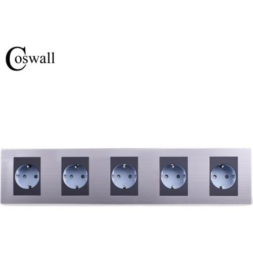 COSWALL 16A EU Standard Quintuple Outlet Luxury Wall 5 Way Power Socket Stainless Steel Panel Electrical Plug AC 110~250V