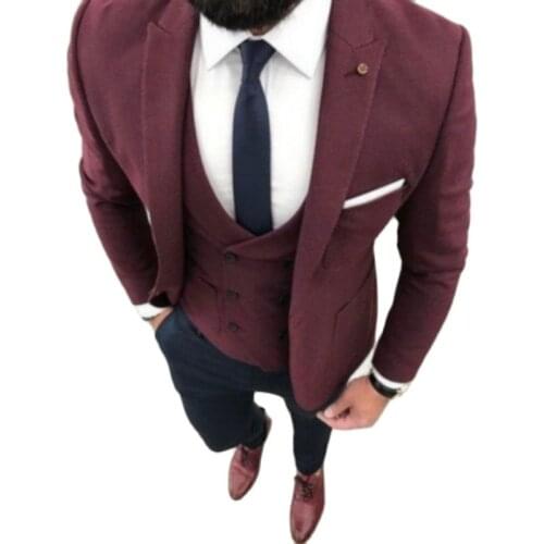 Slim Fits Burgundy Mens Evening Dress Toast Business Suit Customize Handsome Groom Tuxedos (Jacket+Pants+Vest+Tie) K:157