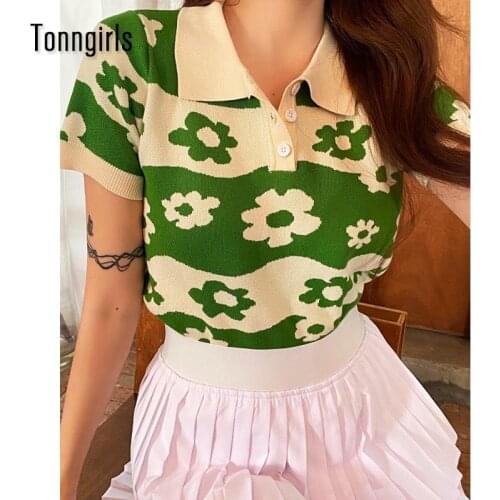 Tonngirls Turn Down Collar Fashion Harajuku Tee Green Floral Patchwork Women T-shirt Vintage Knitted Tshirt Women Drop Shipping