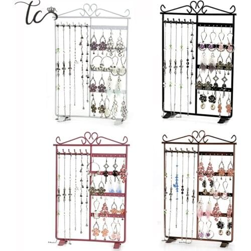 32 Holes Metal 6 Hooks Necklace Display Rack Metal Iron 4 layers Ear Studs Earrings Hanging Storage Jewelry Organizer