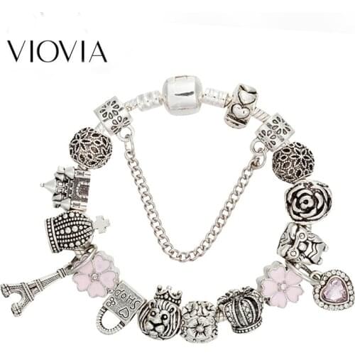 VIOVIA New Arrival Charms Bracelet & Bangles Lock Pyramid Crown Beads Bracelet for Women Diy Jewelry Fit Party B18027