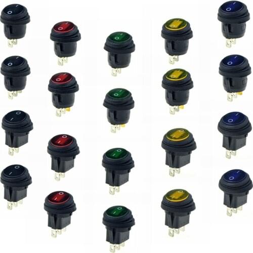 Waterproof Round Rocker Switch 12V 220V illuminated Lamp Red Blue I/O ON/OFF ON/ON SPST 2 Positions Car Boat Switch 20mm 6A 250V