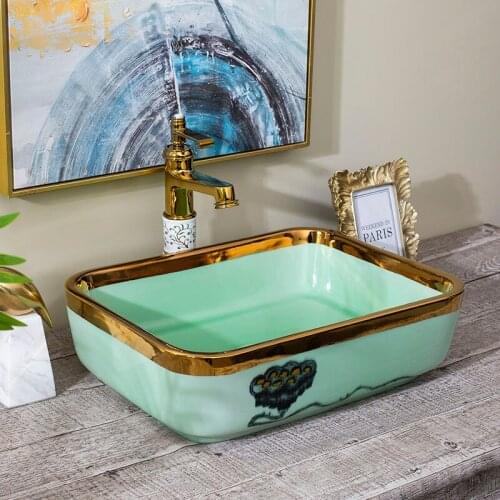 Green with gold pattern Chinese Handmade Artistic Ceramic wash basin Bathroom Sink rectangle