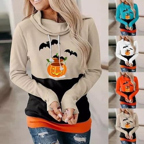 2021 Halloween Womens Sweatshirt Hoodies,Autumn New Fashion Casual Bat Pumpkin High Neck Long Sleeve Womens Top Pullover