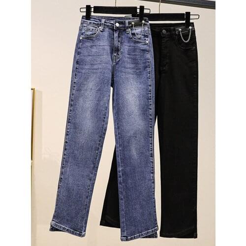 Plus Size Elastic Jeans Ankle-length Pants Women Straight All Match High Waist Korean Style Split Femme Denim Pants Pockets