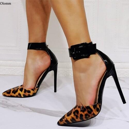 Olomm Handmade Women Summer Patent Pumps Leopard Sexy Stiletto Heel Pointed Toe Gorgeous Party Dress Shoes Women US Size 5-15
