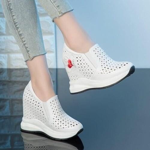 Womens Genuine Leather Heart Printed Holes Summer Breathable Wedge Hidden High Heel Sneakers Shoes Hollow Casual Sport