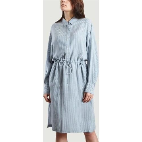 Womens Vertical Stripe Shirt Dress Drawstring Long Sleeve Lace-up Turn-down Collar Female Midi Dresses with Buttons
