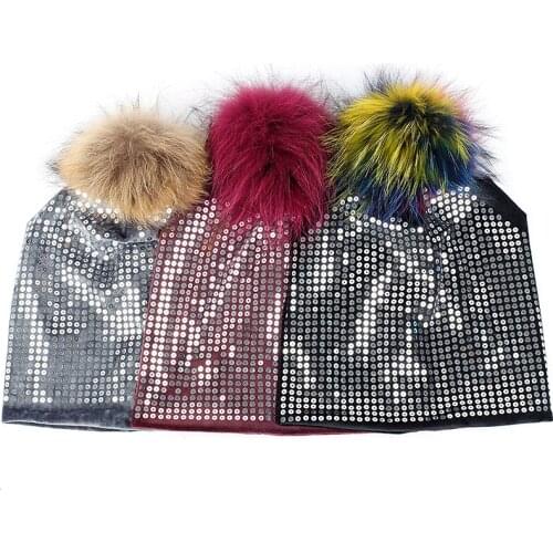 Winter Adult Female Velvet Beanie Headgear With Sequins Real Raccoon Fur Hairball Pompom Skullies Cap Warm Thick Women Girls Hat
