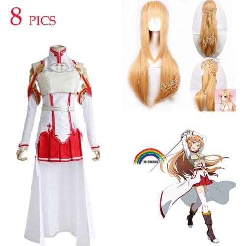 Anime Sword Art Online Asuna Yuuki Dress Cosplay Costumes Uniform for Halloween SAO Asuna Battle Suit Outfits Full Set with Wig