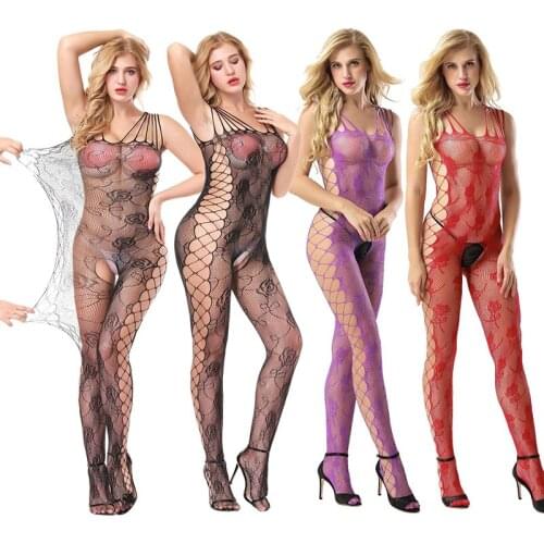 Fishnet Bodystocking Sexy Lingerie Bodysuit Hot Erotic Underwear Open Crotch Tights For Women Rose Pattern Sex Stockings