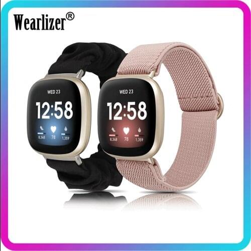 Wearlizer Elastic Scrunchies Strap for Fitbit Versa 3 Band Adjustbale Nylon Solo Loop Strap for Fitbit Sense 2Pcs/Set Watchband