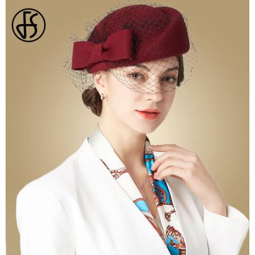 FS Ladies Beret Hat With Veil Black Fascinator Hats For Women Winter Fedora Hat Bowknot Wool Wedding Church Pillbox Hats Red