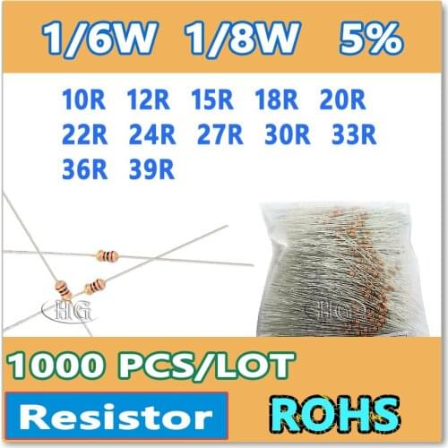JASNPROSMA 1000PCS/LOT 5% 1/6W 1/8W 10ohm 12ohm 15ohm 18ohm 20ohm 22ohm 24ohm 27ohm 30ohm 33 36R 39R carbon film DIP Resistor