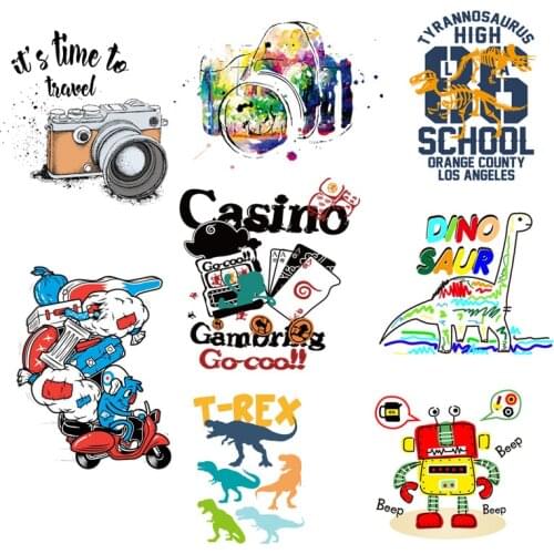 Camera Heat Transfer Dinosaur Robot Cartoon Patches Iron On Transfer For Clothing Car Thermo Sticker On Clothes Boy Girl Thermal