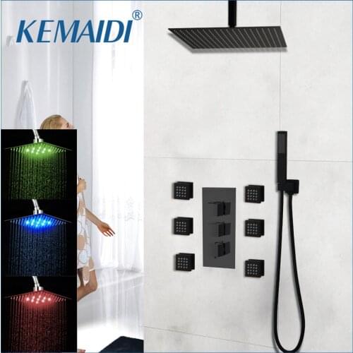 KEMAIDI Black Wall Mounted Square Style Brass Waterfall LED Shower Set New Bathroom Shower With Handle Rainfall Shower Head