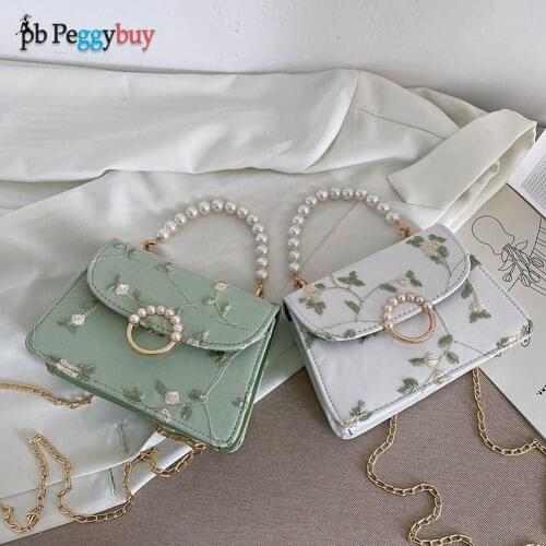 Fashion Women Net Yarn PU Flower Crossbody Bag Casual Pearl Chain Shoulder Bags Girls Brief Womens Casual Messenger Bags