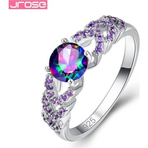 JROSE Fashion Round Cut Mystic Rainbow & White & Purple CZ Silver Ring Size 6 7 8 9 Wedding Bride JEWELRY Gorgeous RING