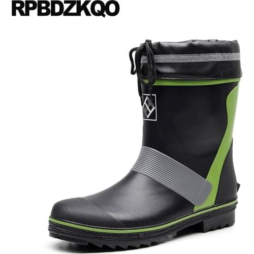 Black shoes designer fall faux fur winter plus size rubber fishing boots men flat tall footwear mid calf lace up rain waterproof