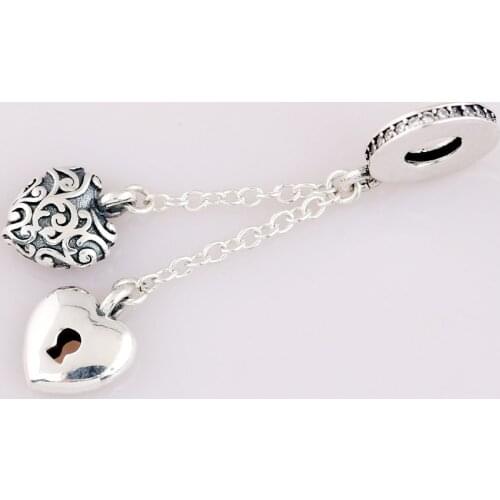 Original Vintage Pattern Lock And Heart Chained Pendant Beads Fit 925 Sterling Silver Bead Charm Bracelet Diy Jewelry
