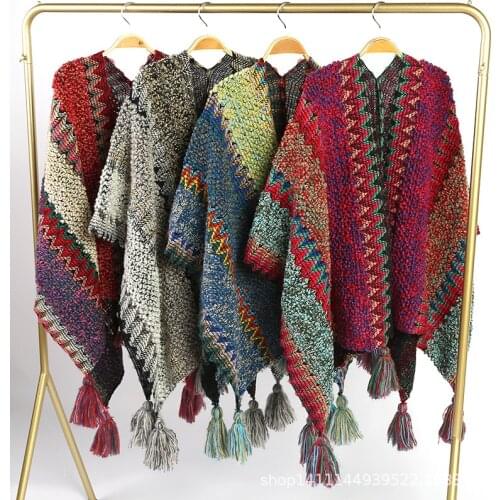 Autumn and Winter National Wind Scarf Color Tassel Retro Knitted Bohemian Travel Thick Shawl Women