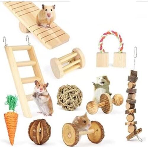 Cute Natural Wooden Toys Rabbits Guinea Pigs Small Pet Pine Dumbbells Unicycle Bell Roller Chew Series Toys Set Molars Supplies