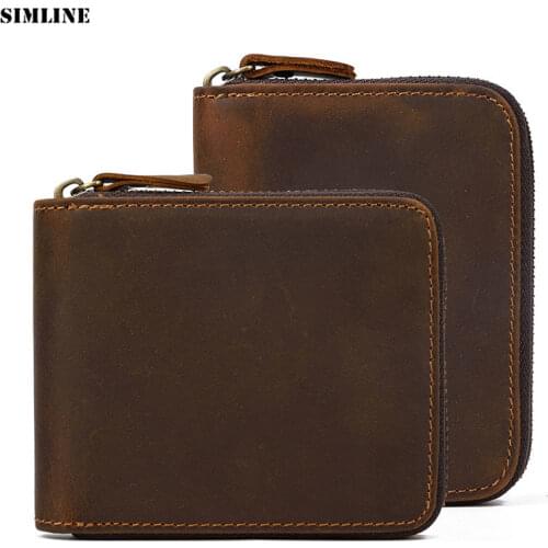 SIMLINE 2018 New Vintage Genuine Leather Men Wallet Mens Male Short Zipper Around Wallets Purse Card Holder With Coin Pocket