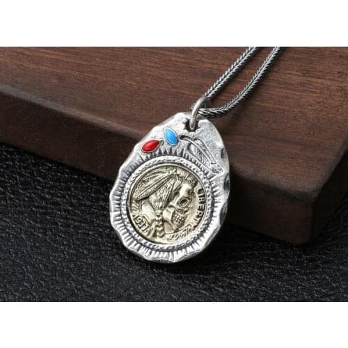 S925 sterling silver jewelry popular Thai silver 1937 Indian chief retro inlaid personality men and women pendant
