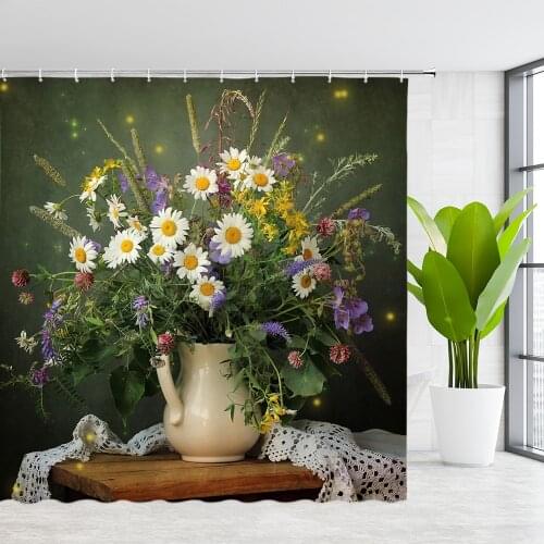 LAEDCIITI Shower Curtains Flower Plant Ceramics Vase Colorful Floral Scenery Bathroom Decor Polyester Hanging Curtain Set