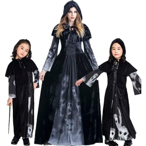 Girl Adult Halloween Cosplay skull Long Black ghost Scary Vampire Witch dress costumes Clothes Women Medieval Masquerade Costume