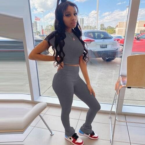 Women Fitness Two Piece Sport Suit Summer Festival Clothing Short Sleeve Slim Crop Top and Stretchy Stacked Sweatpant Outfits