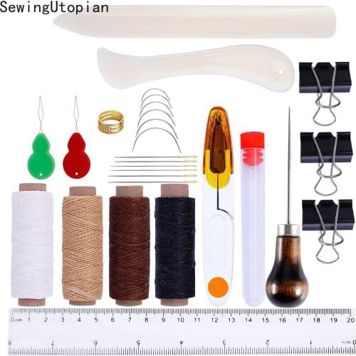 26PCS Leather Multi-function Bookbinding Tools Set Bone Folder Paper Ruler Sewing Leathercraft Waxed Thread Needles Craft Kits
