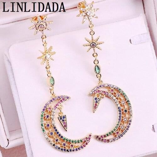 4Pair Latest Fashion Micro Pave Colorful CZ Earrings Rainbow Jewelry Gold Color Crescent Dangle Earrings