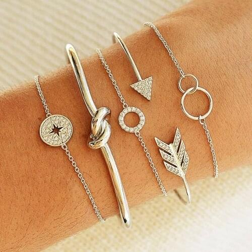 5 Pcs/Set Fashion Arrow Round Crystal Stars Knotted Geometric Chain Bracelet Set Women Charm Party Jewelry Gift