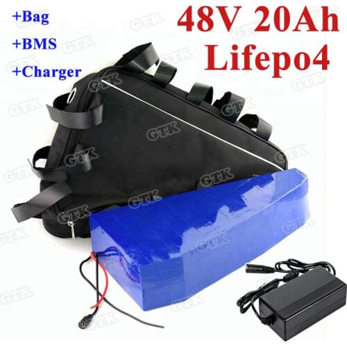 GTK 48V 20Ah LiFepo4 battery pack triangle shape with BMS for 48V 1000w electric bike bicycle E-bike scooter +3A Charger+ bag