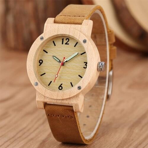 Chic Luminous Hand Womens Wooden Watch Brown Genuine Leather Watchband Quartz Ladies Casual Wristwatches Hot Female Clock Gifts